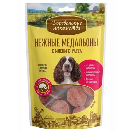 Купить Деревенские лакомства лакомство для собак Нежные медальоны с мясом страуса 