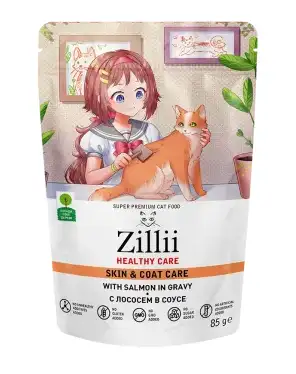 Zillii Healthy Care Skin & Coat Care влажный корм для взрослых кошек поддержка здоровья кожи и шерсти с лососем в соусе (пауч)