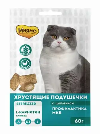 Купить Мнямс Лакомство хрустящие подушечки для стерилизованных кошек «Профилактика МКБ», с цыпленком и клюквой