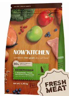 NOW’KITCHEN беззерновой сухой корм для взрослых кошек с индейкой, уткой, лососем и овощами 
