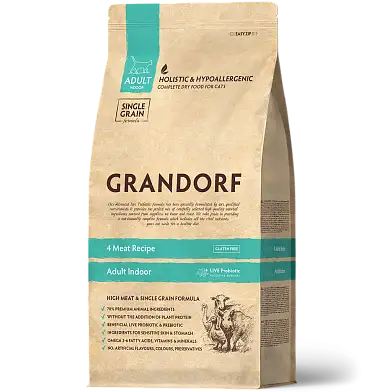 Grandorf сухой низкозерновой корм для домашних кошек с пробиотиками "четыре вида мяса с бурым рисом"