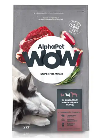 Купить alphapet wow superpremium сухой корм для взрослых собак средних пород с говядиной и сердцем